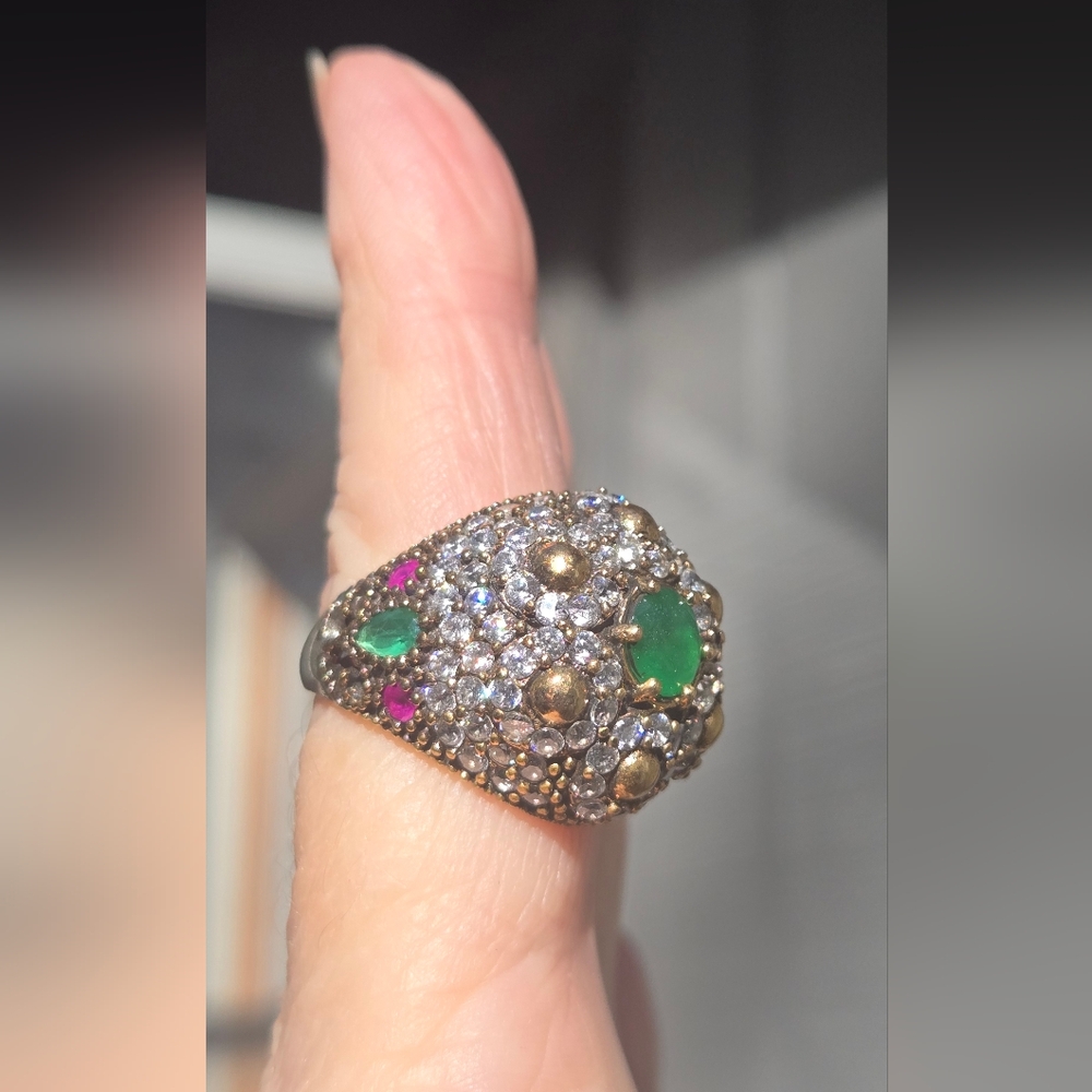 Emerald Topaz & ruby Sterling & Gold Large Ottoman ring Sz7.75